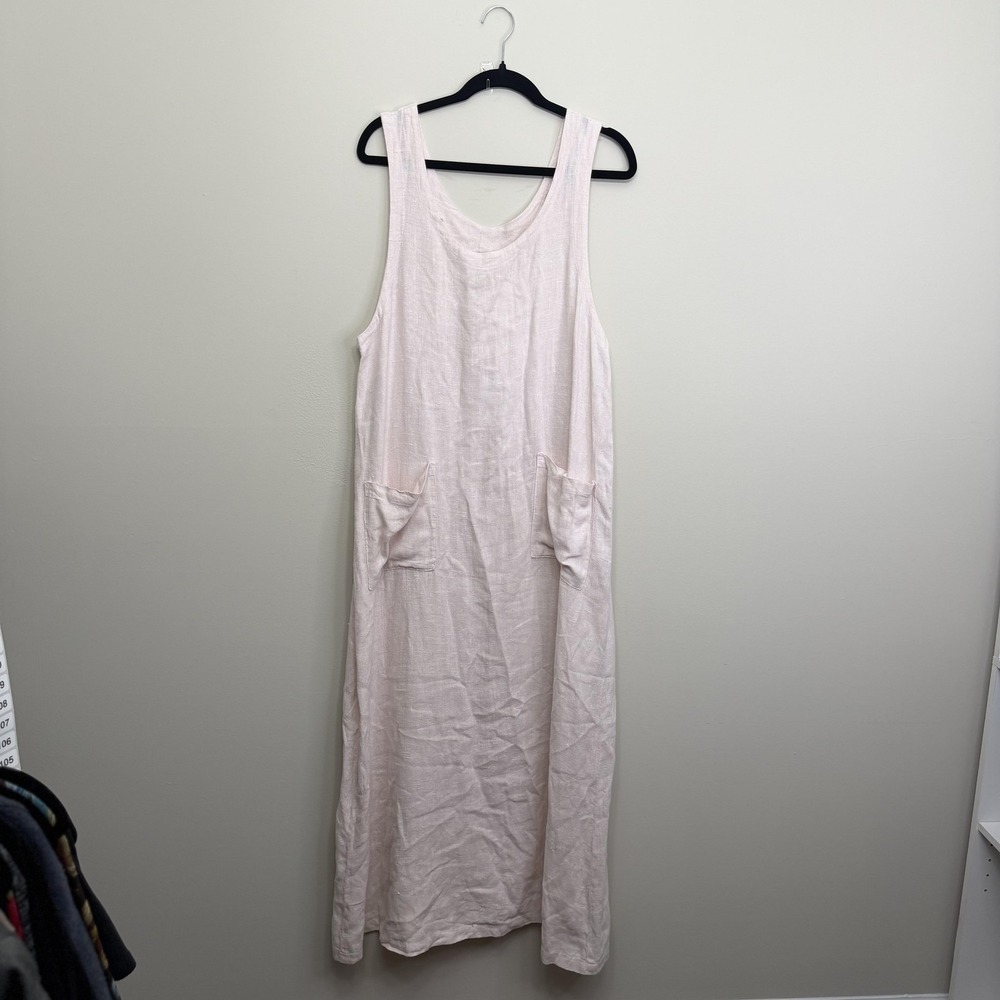 Mishi Dress Womens Large Pink 100% Linen Maxi Tank Pockets Casual Boho USA